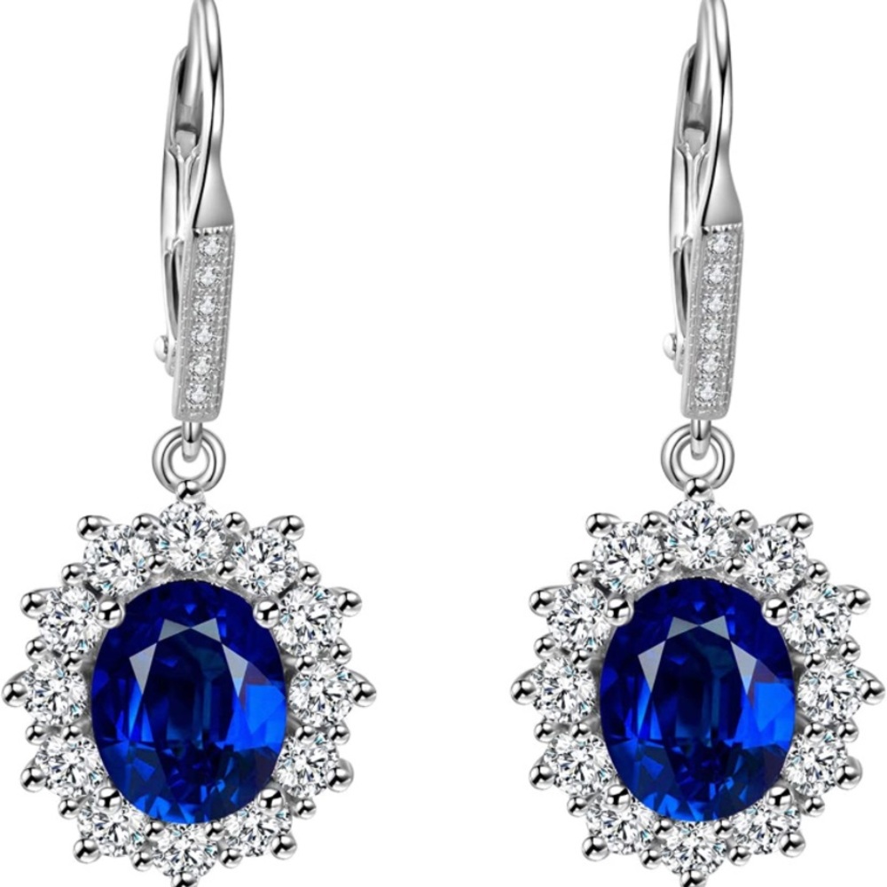 YFN Sterling Silver Oval Cut blue stone Drop Dangle Women Leverback Earrings